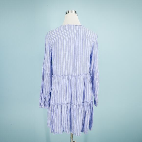 Rails Size Small S Blue Ludlow Stripe V Tie Neck Long Sleeve Linen Mini Dress - Picture 2 of 7